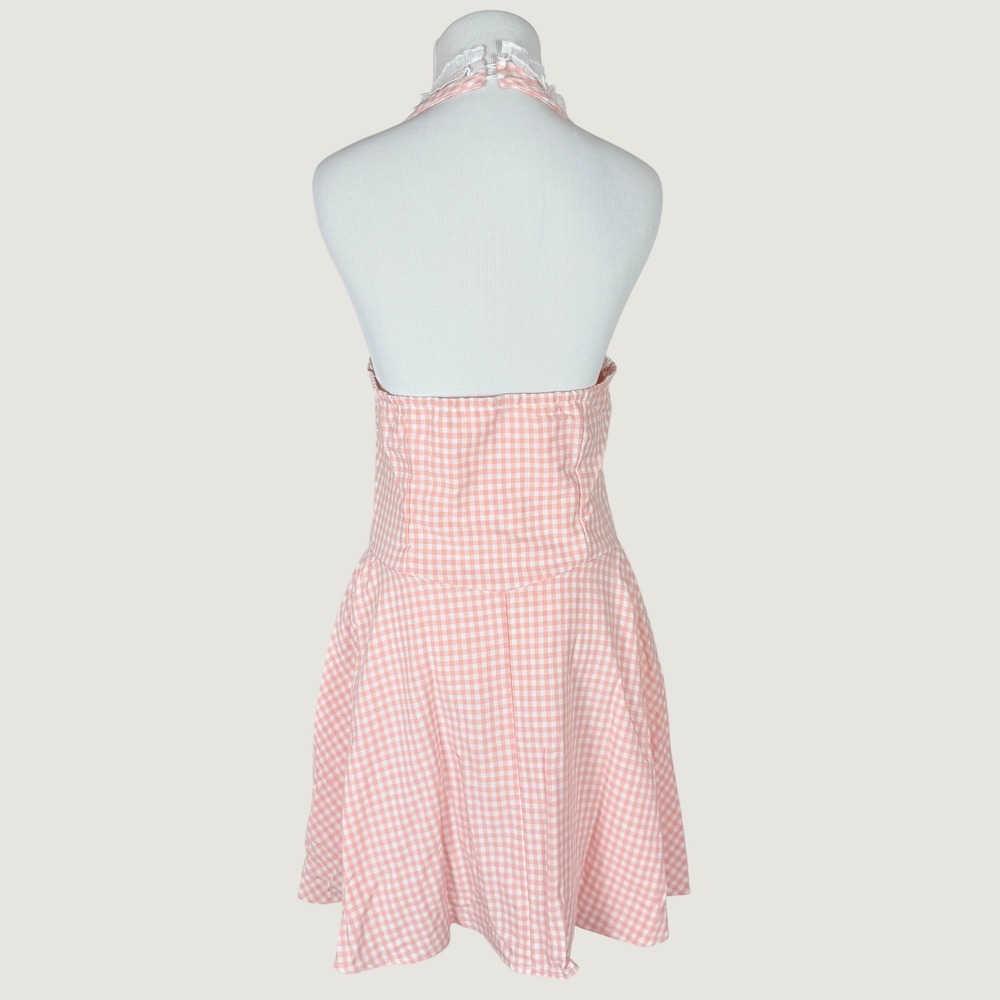 Cider Pink Gingham Halter Mini Dress Ruffle Fit Flare Viscose NWT Large Coquette - Picture 3 of 8